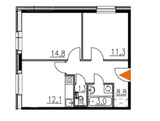 Двухкомнатная квартира 51.3 м²