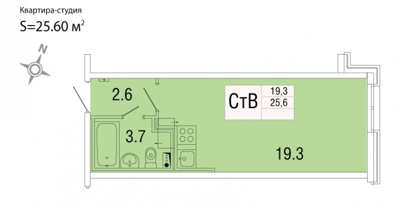 Студия 25.6 м²