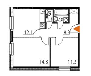 Двухкомнатная квартира 51.3 м²