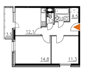 Двухкомнатная квартира 52 м²