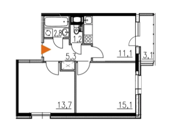 Двухкомнатная квартира 50.1 м²
