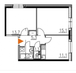 Двухкомнатная квартира 49.5 м²