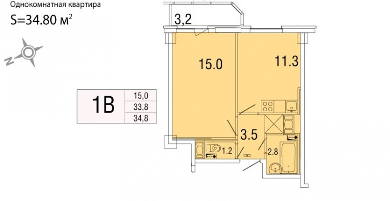 Однокомнатная квартира 34.8 м²