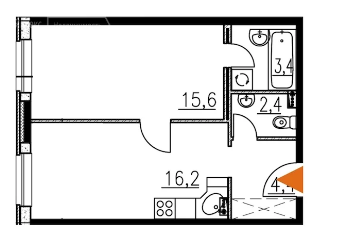 Однокомнатная квартира 42 м²
