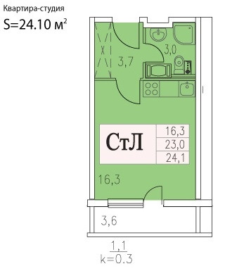 Студия 24.1 м²