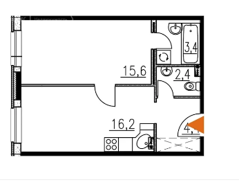 Однокомнатная квартира 39.1 м²