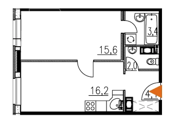 Однокомнатная квартира 41.3 м²